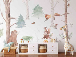 Watercolor Light Forest Animals and Trees Wall Mural Wallpaper