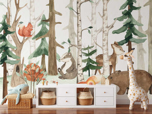 Watercolor Woodland Animals in Birch Forest Wall Mural Wallpaper