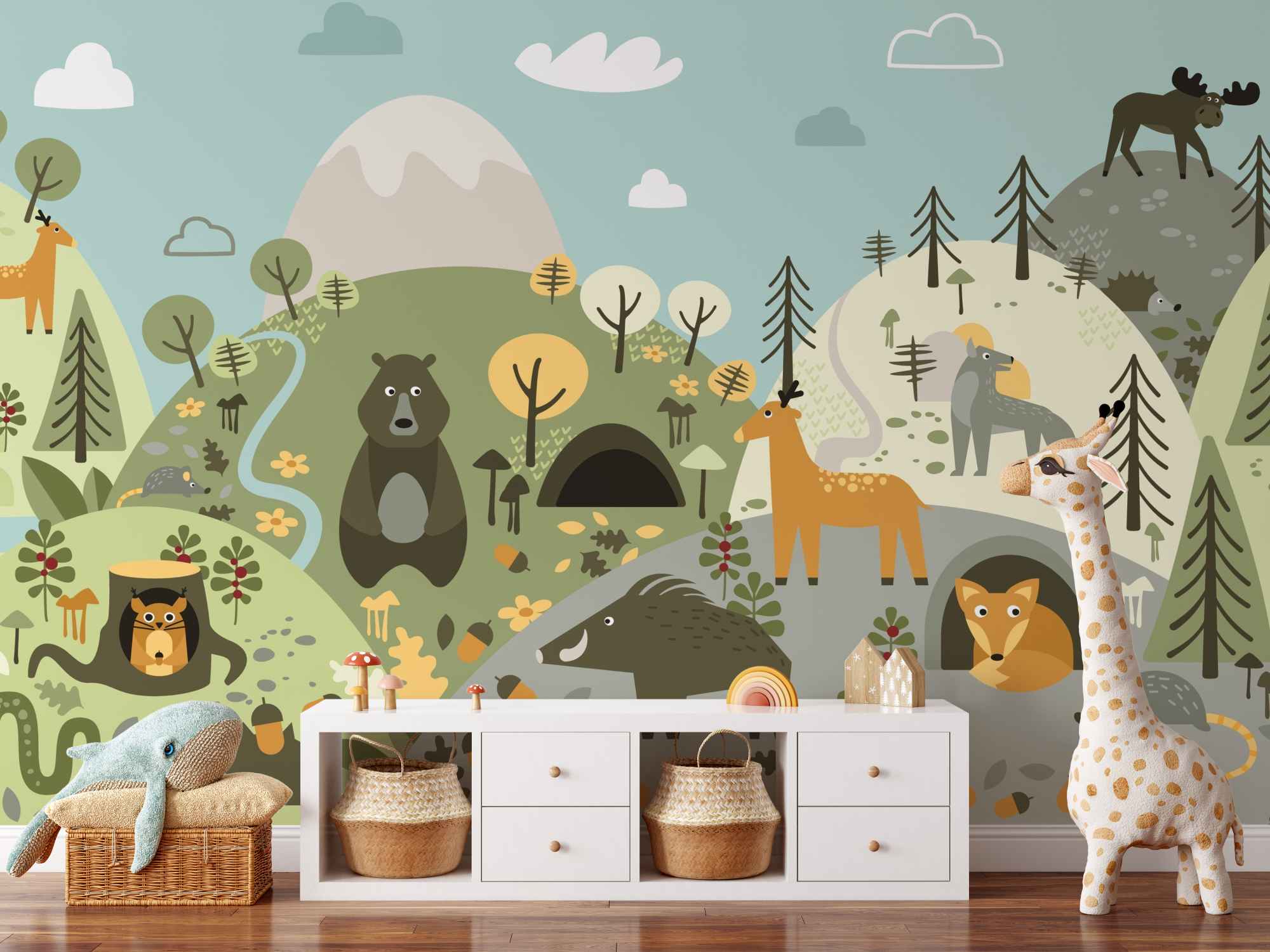 Whimsical Forest Animals with Hills Wall Mural Wallpaper