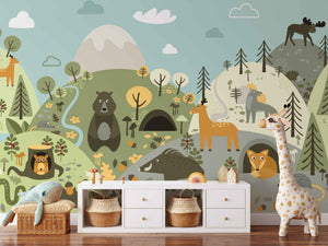 Whimsical Forest Animals with Hills Wall Mural Wallpaper
