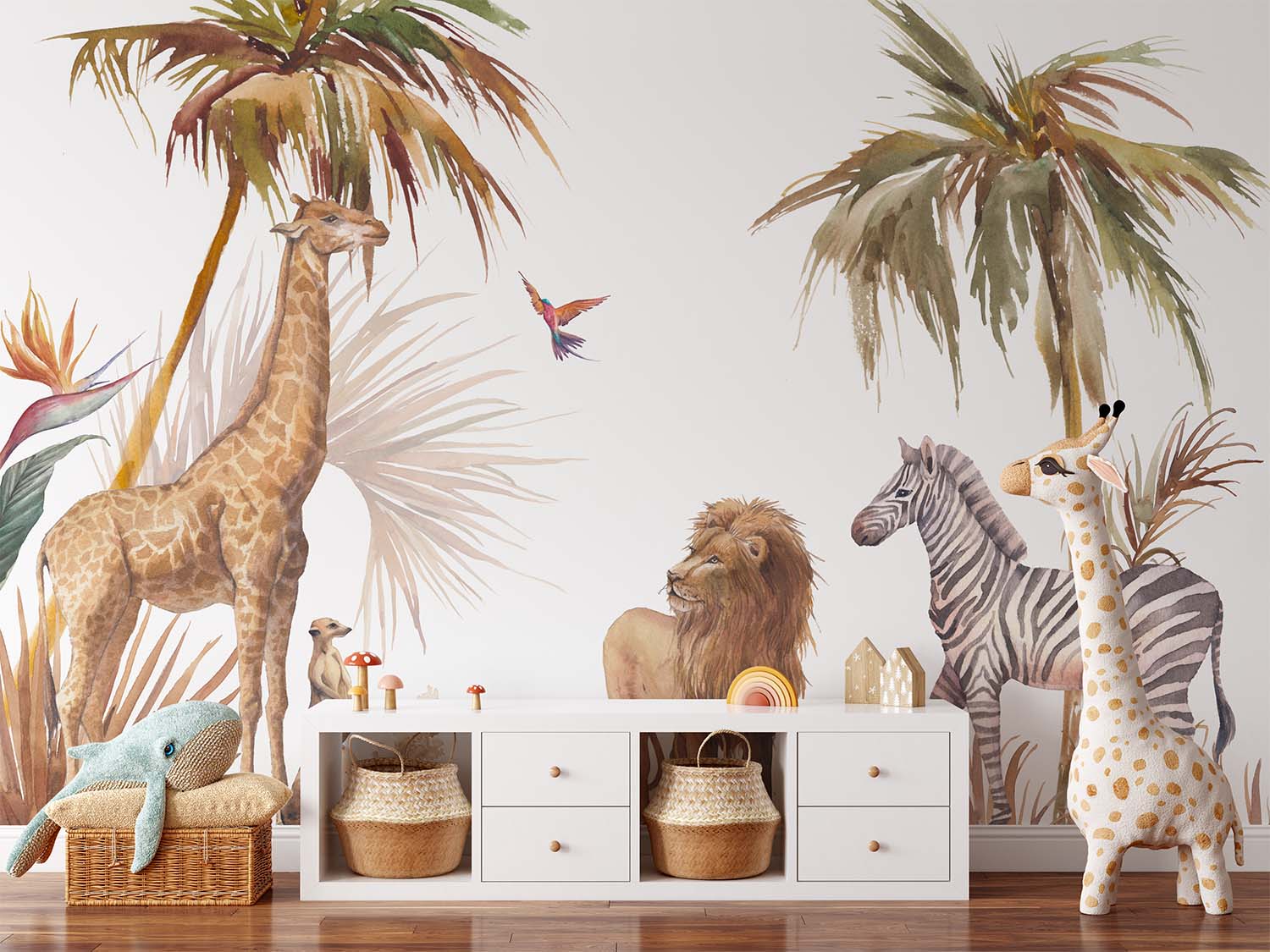 White Background Safari Animals Wallpaper Mural