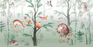 Woodland Creatures in Misty Forest Nursery Wall Mural Wallpaper