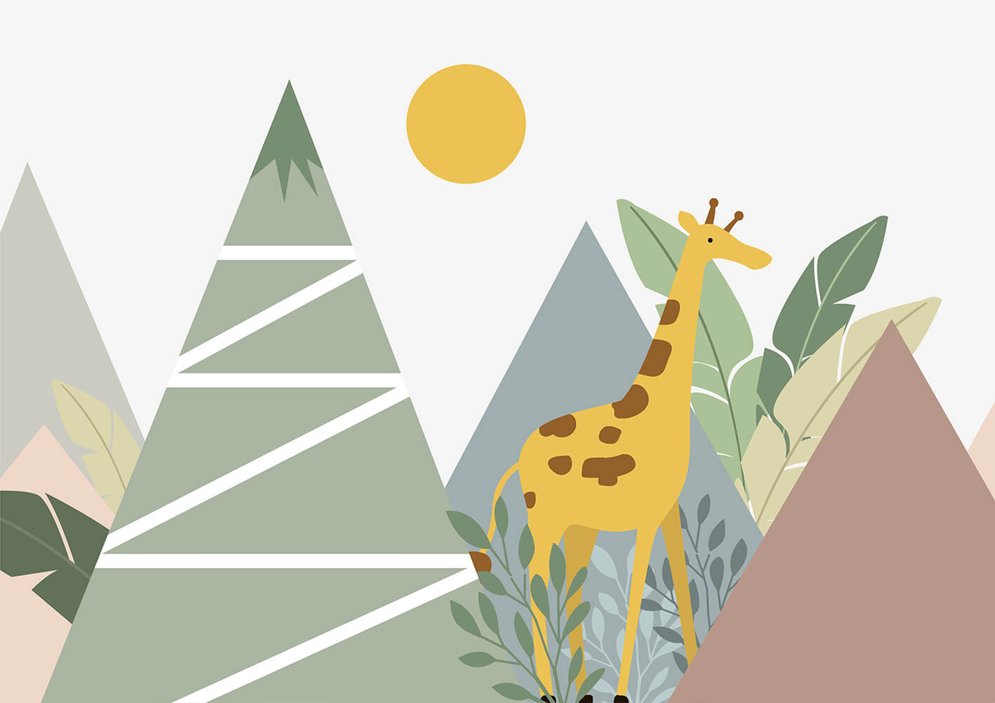 Cartoon Geometric Mountain Peak Giraffe Children's Wallpaper Mural