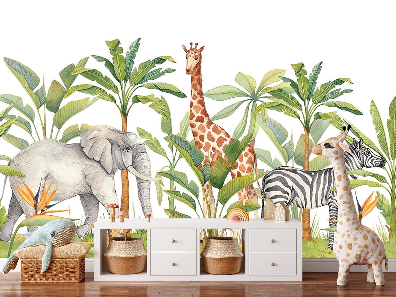 Colorful Palm Trees and Animals Kids Room Wallpaper Mural