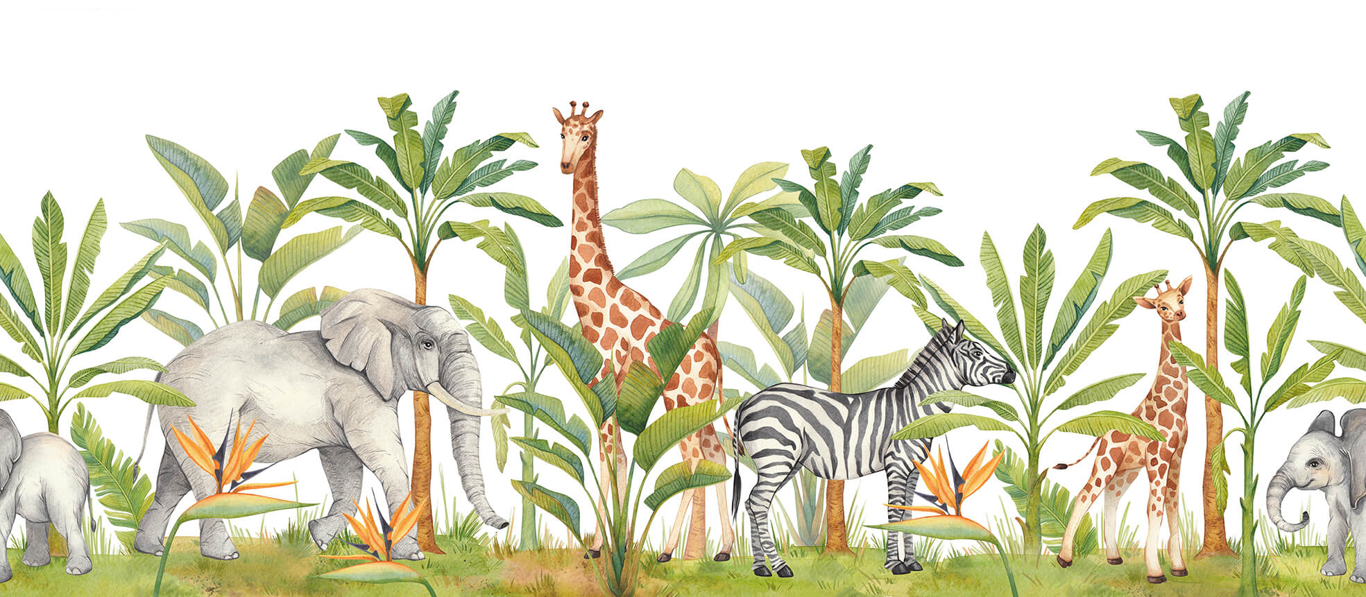 Colorful Palm Trees and Animals Kids Room Wallpaper Mural