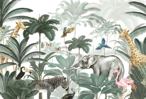 Vibrant Green Jungle Animals Wallpaper Mural