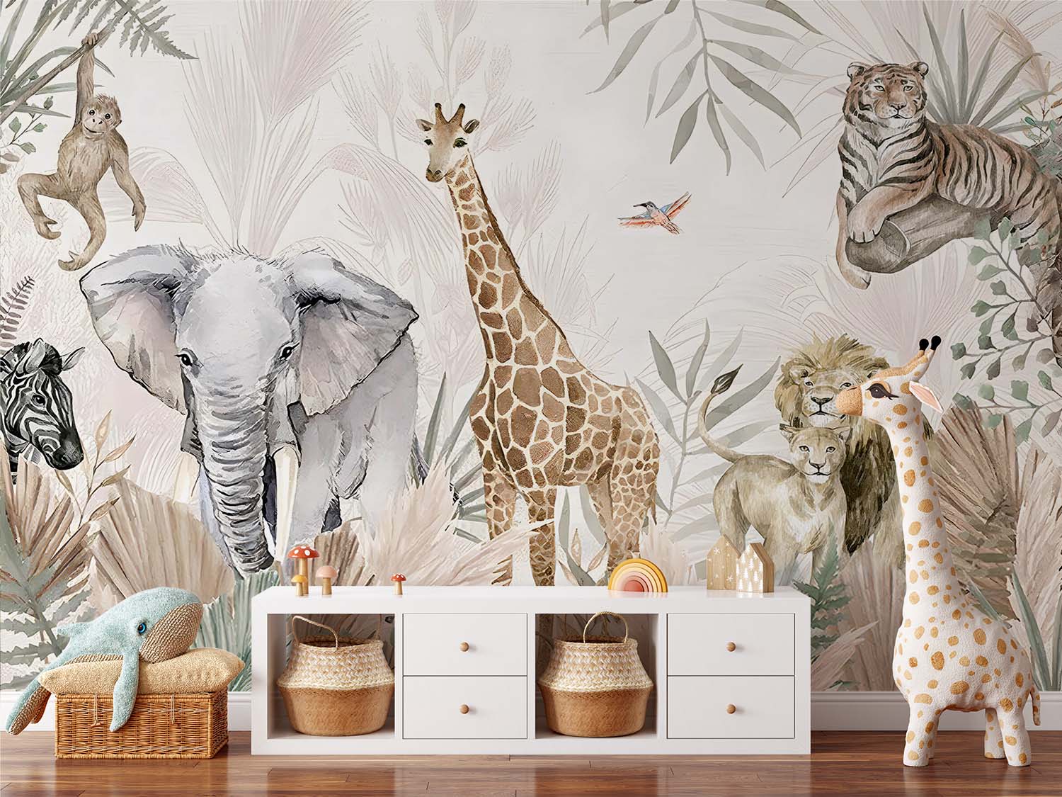 Painted Vintage Safari Animals Wallpaper Mural