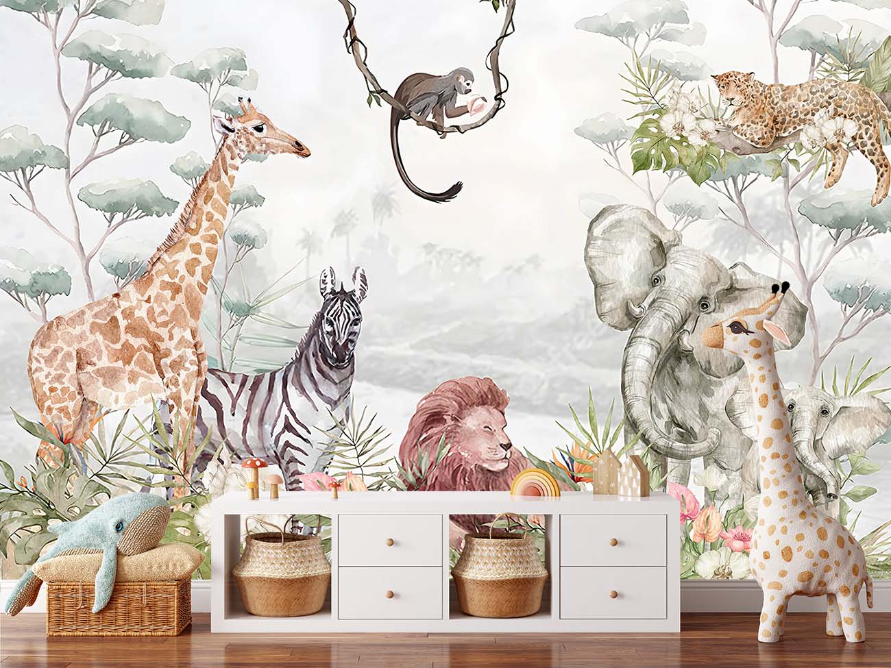Vibrant Painted Colorful Animals Nursery Wallpaper Mural