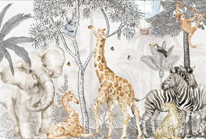 Painted African Animals Sketch Background Nursery Wallpaper Mural