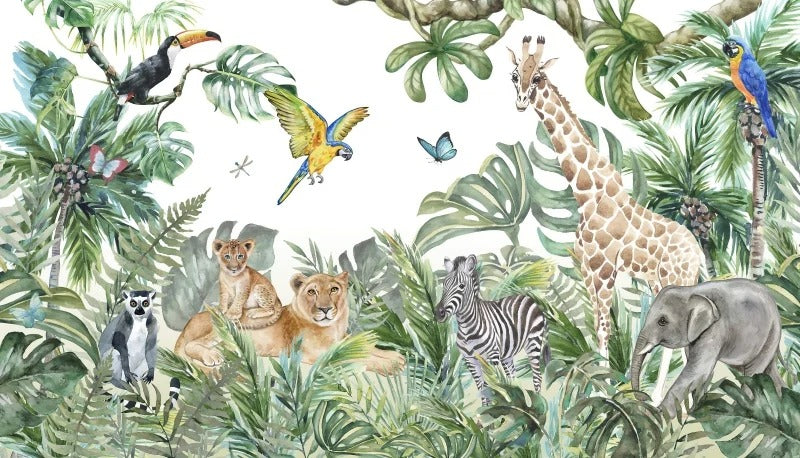 Safari Animals And Colorful Birds Nursery Wallpaper Mural