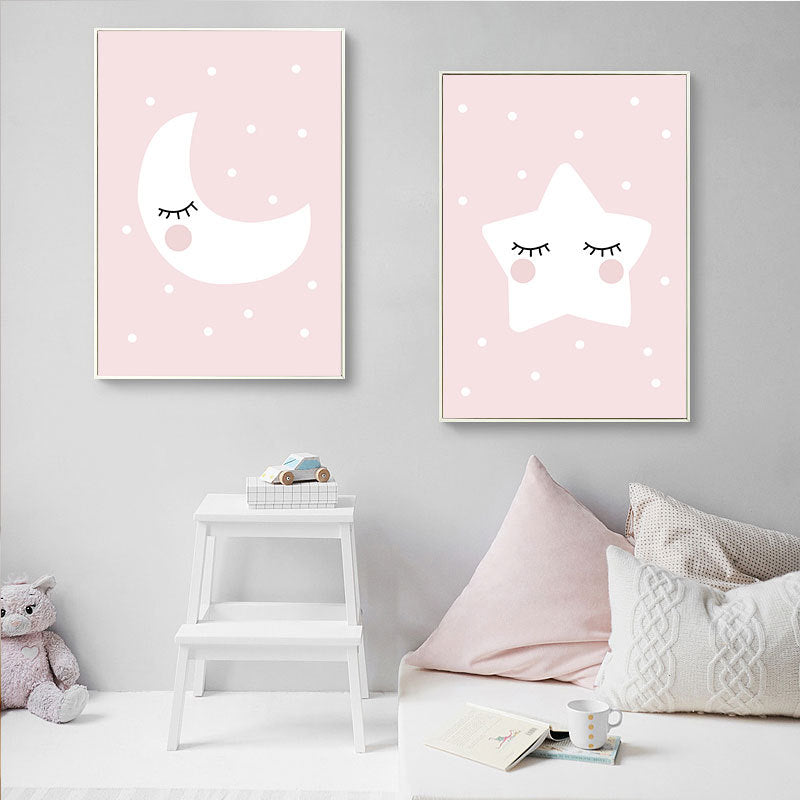 Pink moon, clouds, stars, decorative painting core