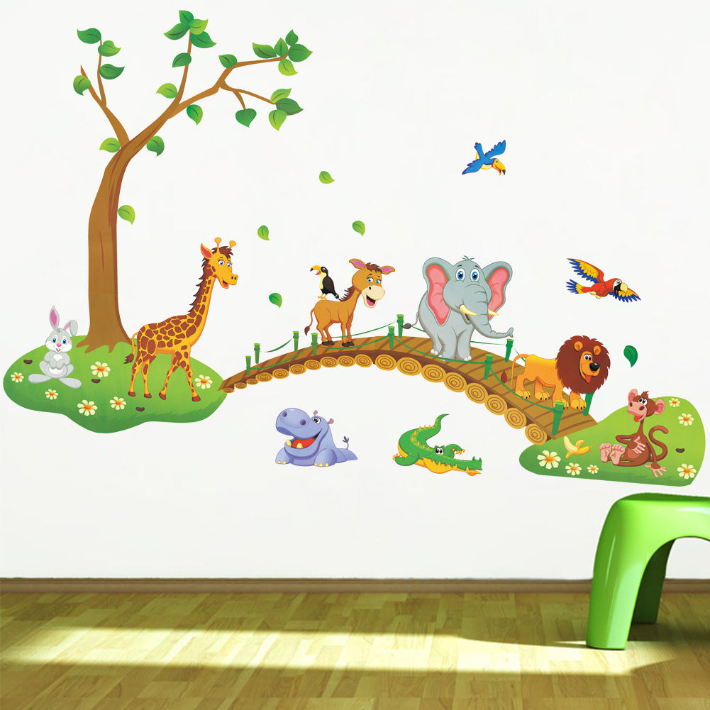 Cartoon Wall Decal Elephant Owl Giraffe Crossing Bridge