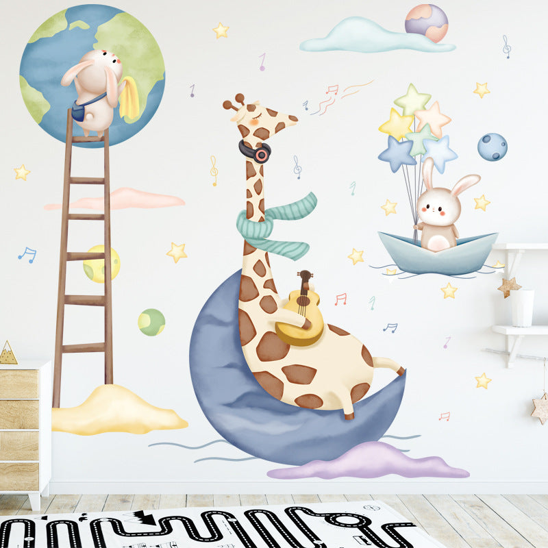 Cartoon Wall Decals Earth and Moon Giraffe