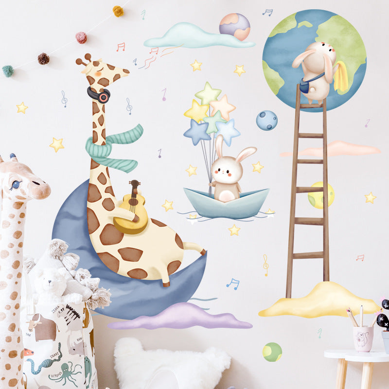 Cartoon Wall Decals Earth and Moon Giraffe
