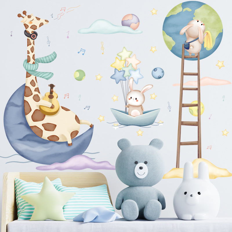 Cartoon Wall Decals Earth and Moon Giraffe