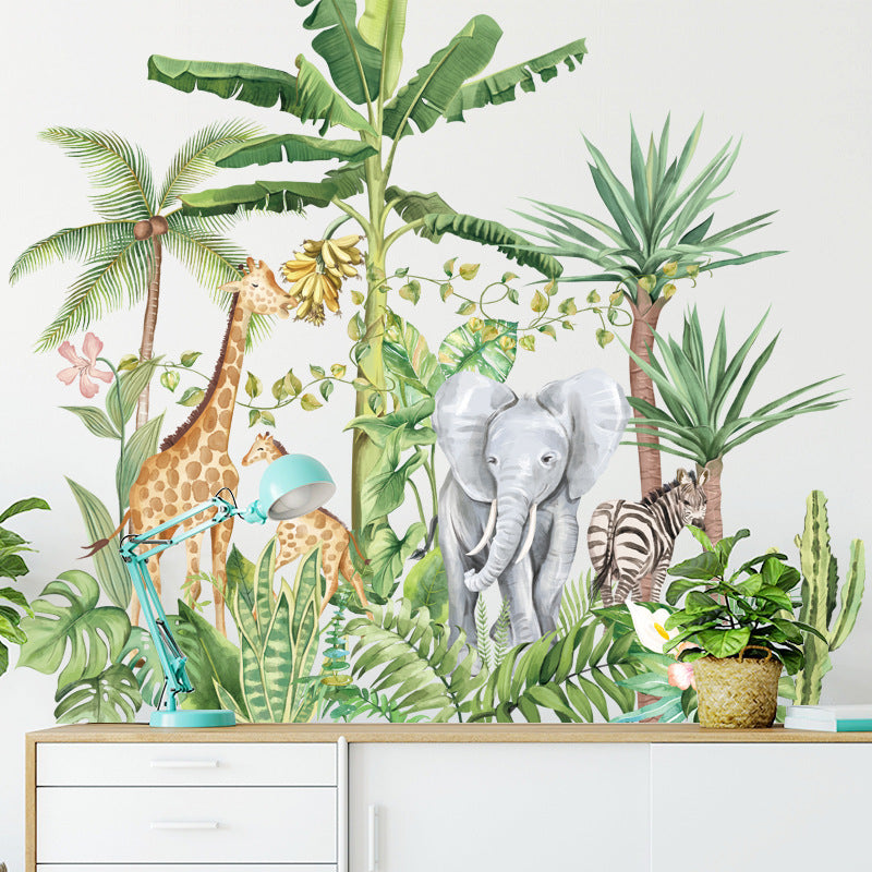 Cartoon Wall Decals Nordic Plants Elephant Giraffe