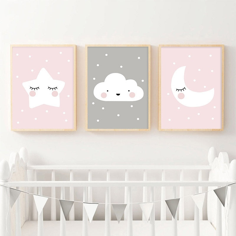 Pink moon, clouds, stars, decorative painting core