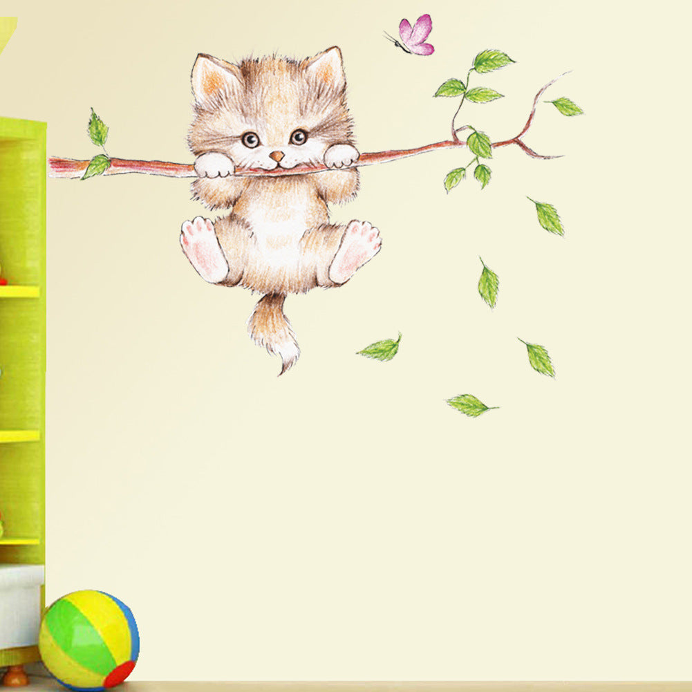 Cartoon Wall Decals Cute Cat on Branch