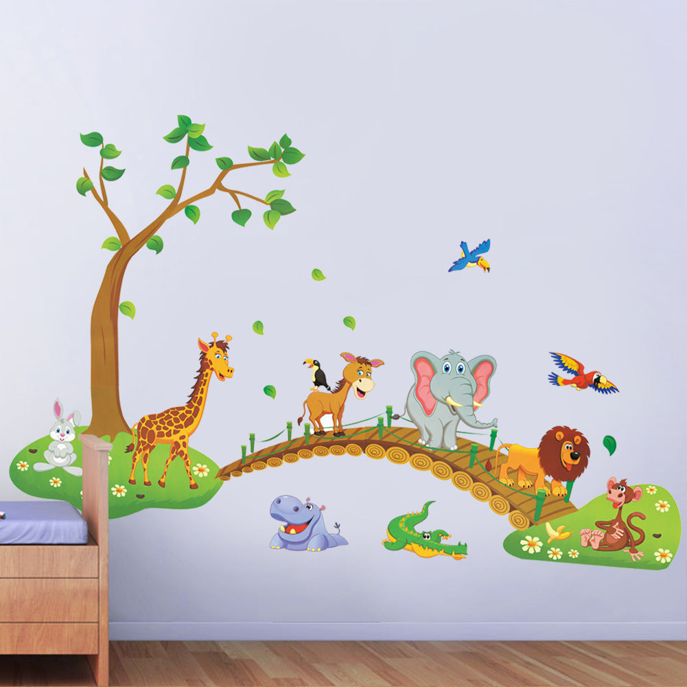 Cartoon Wall Decal Elephant Owl Giraffe Crossing Bridge