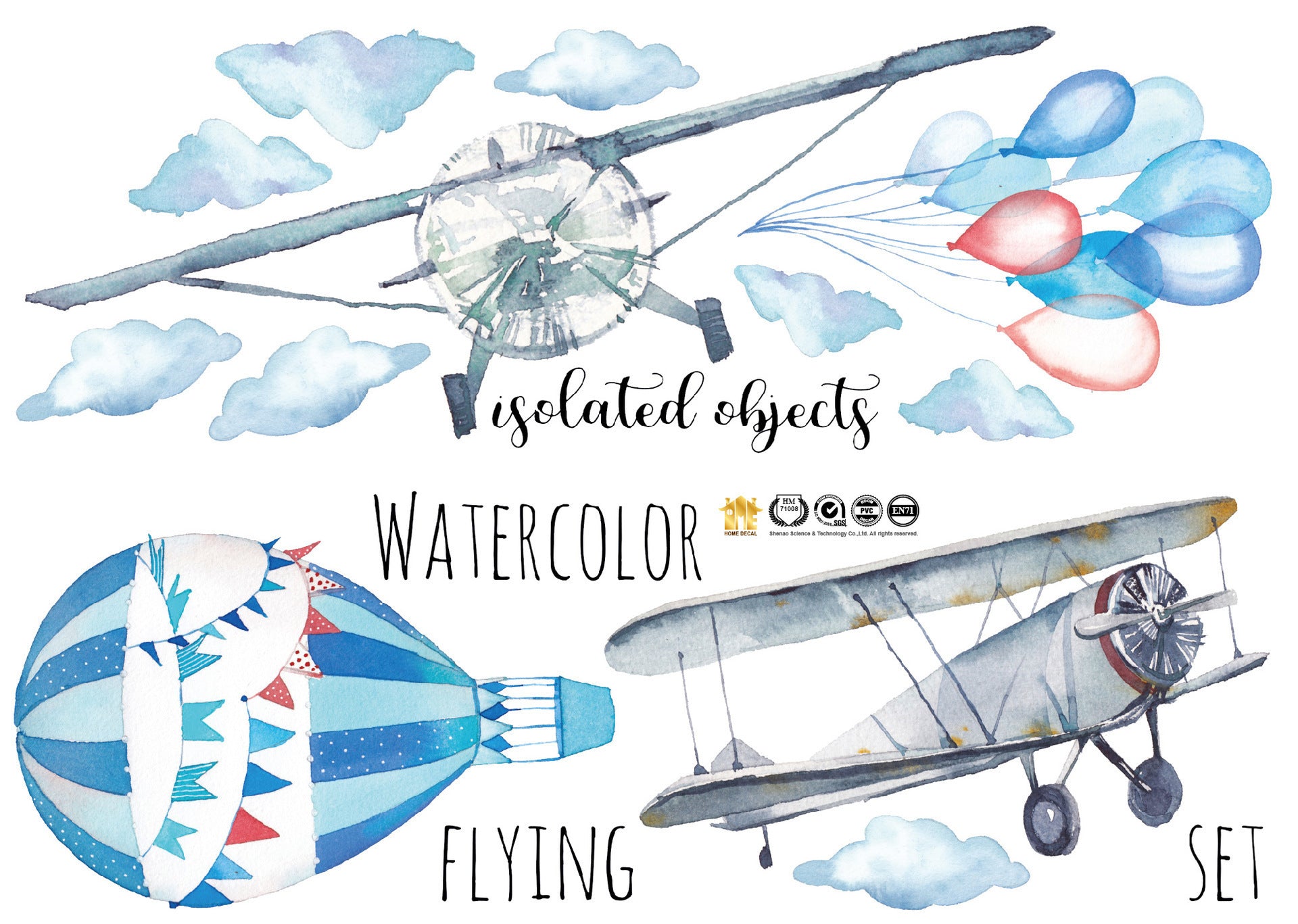 Cartoon Wall Decals Watercolor Classic Planes