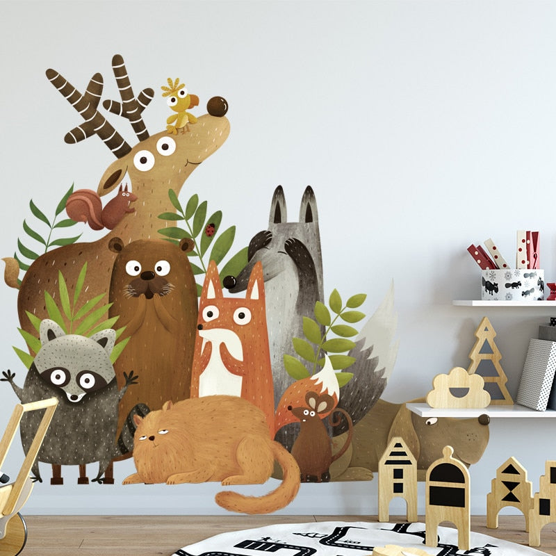 Cartoon Wall Decal Forest Animals Elk Fox Rabbit