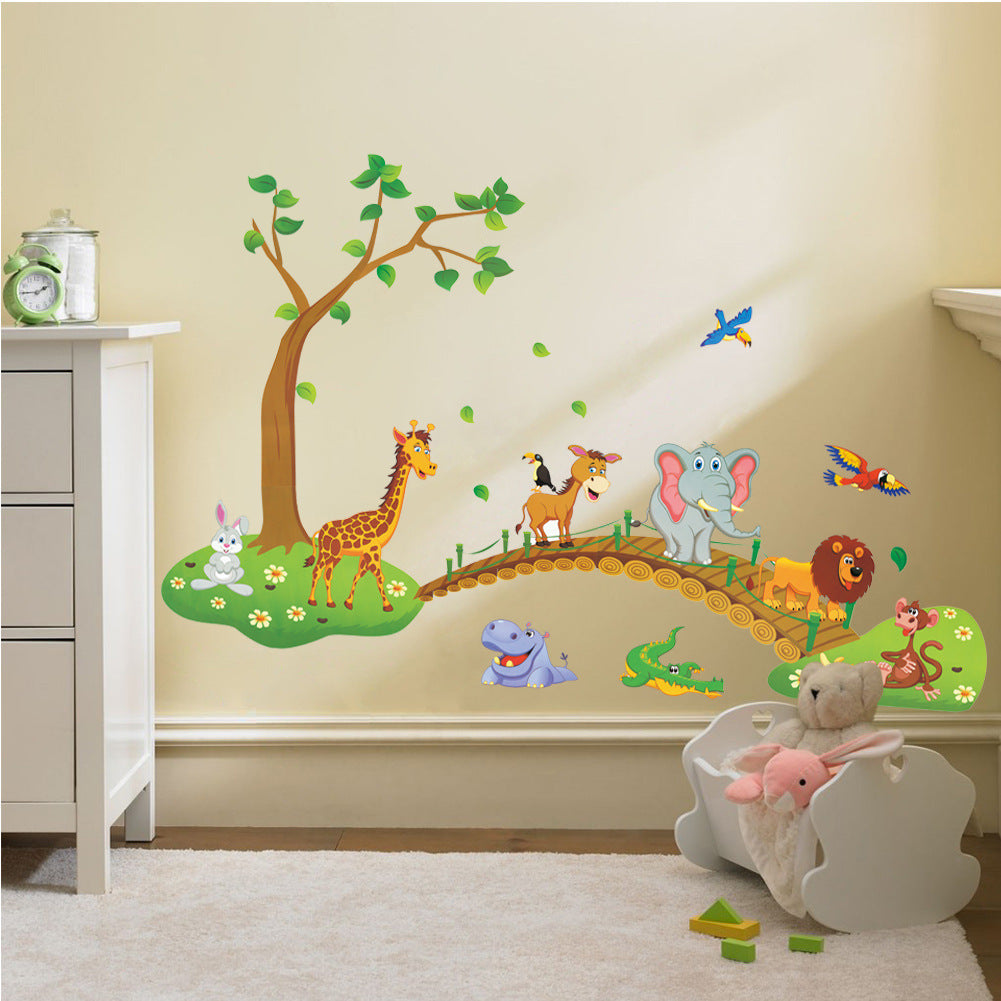 Cartoon Wall Decal Elephant Owl Giraffe Crossing Bridge