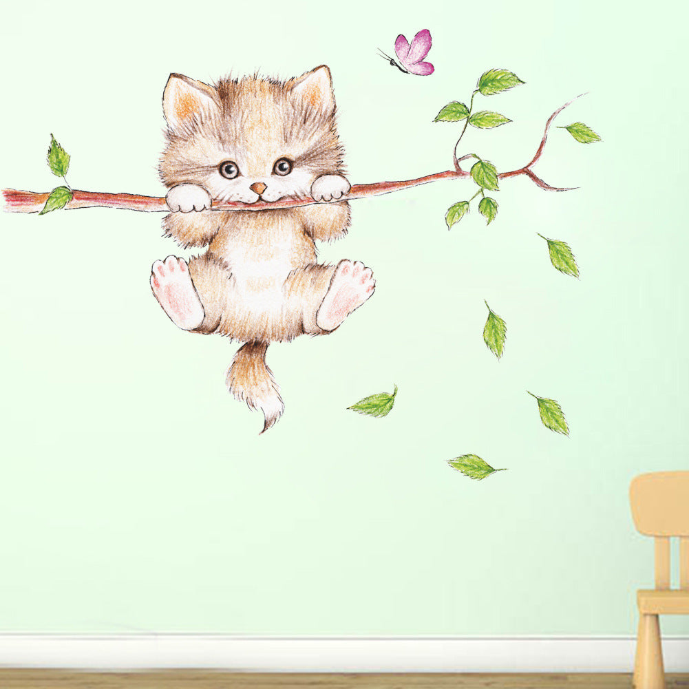 Cartoon Wall Decals Cute Cat on Branch