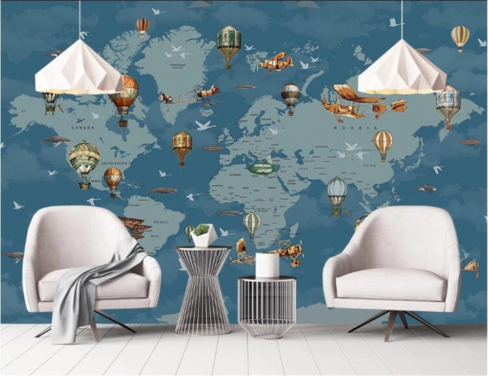 Cartoon World Map Planes and Balloons Wallpaper Mural