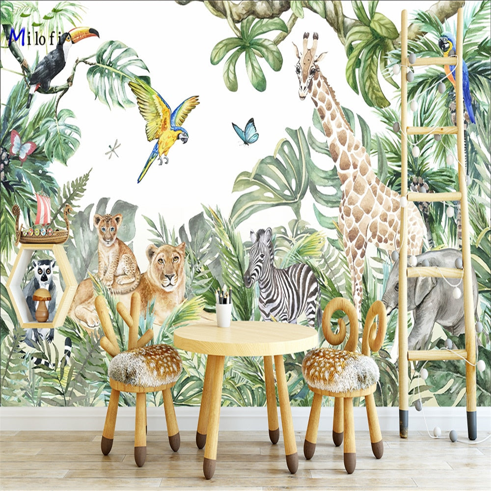 Safari Animals And Colorful Birds Nursery Wallpaper Mural