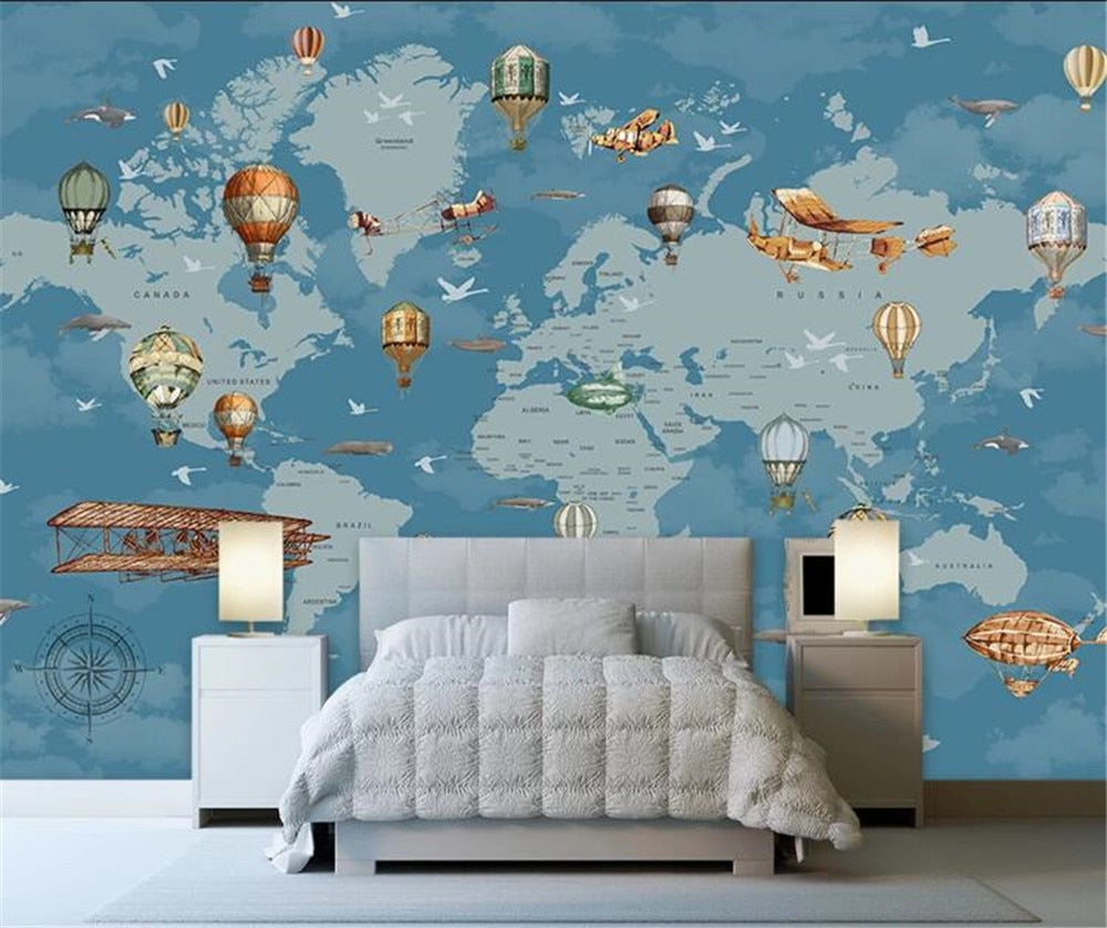 Cartoon World Map Planes and Balloons Wallpaper Mural