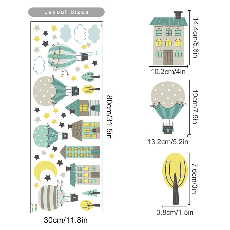 Cartoon Wall Decals Hot Air Balloon Town