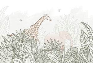 Painted Giraffe and Elephant Nursery Wallpaper Mural
