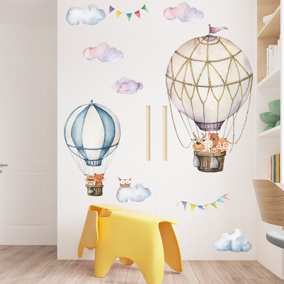 Cartoon Wall Decals Hot Air Balloon Woodland Animals
