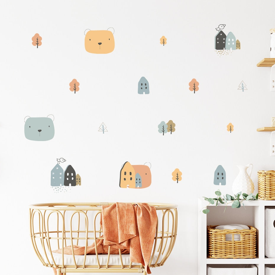 Cartoon Wall Decals House Trees Cute Bears