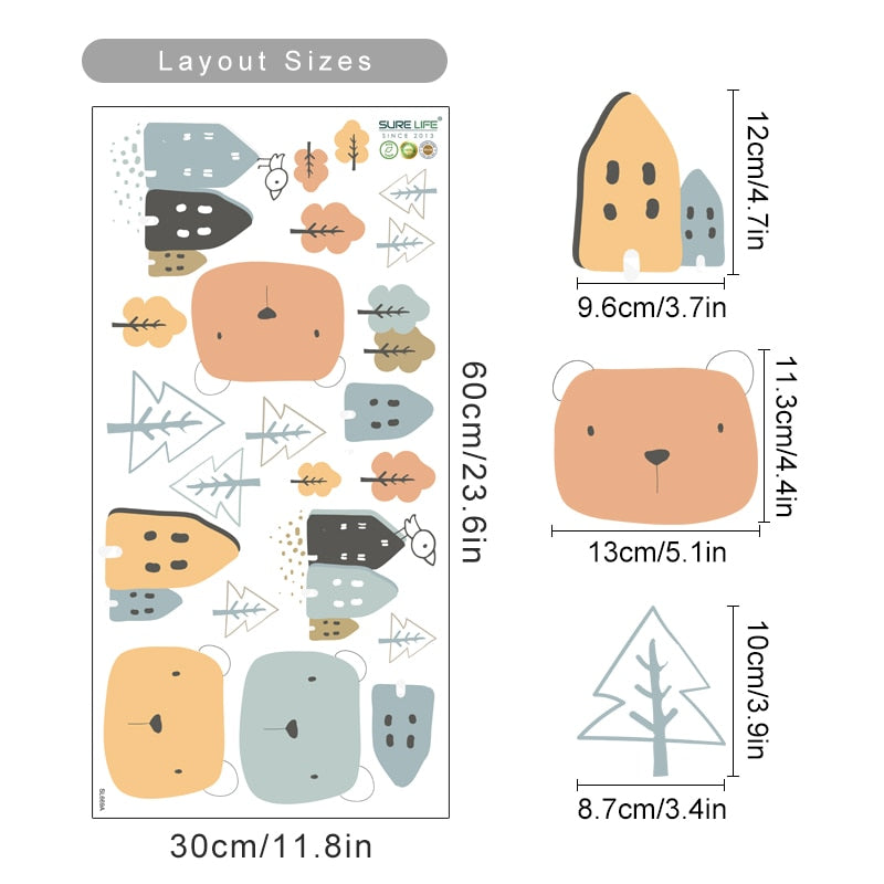 Cartoon Wall Decals House Trees Cute Bears