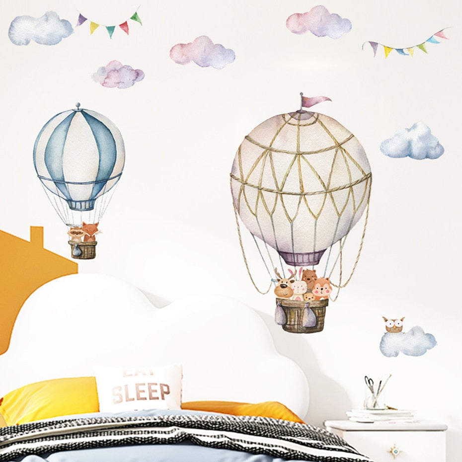 Cartoon Wall Decals Hot Air Balloon Woodland Animals