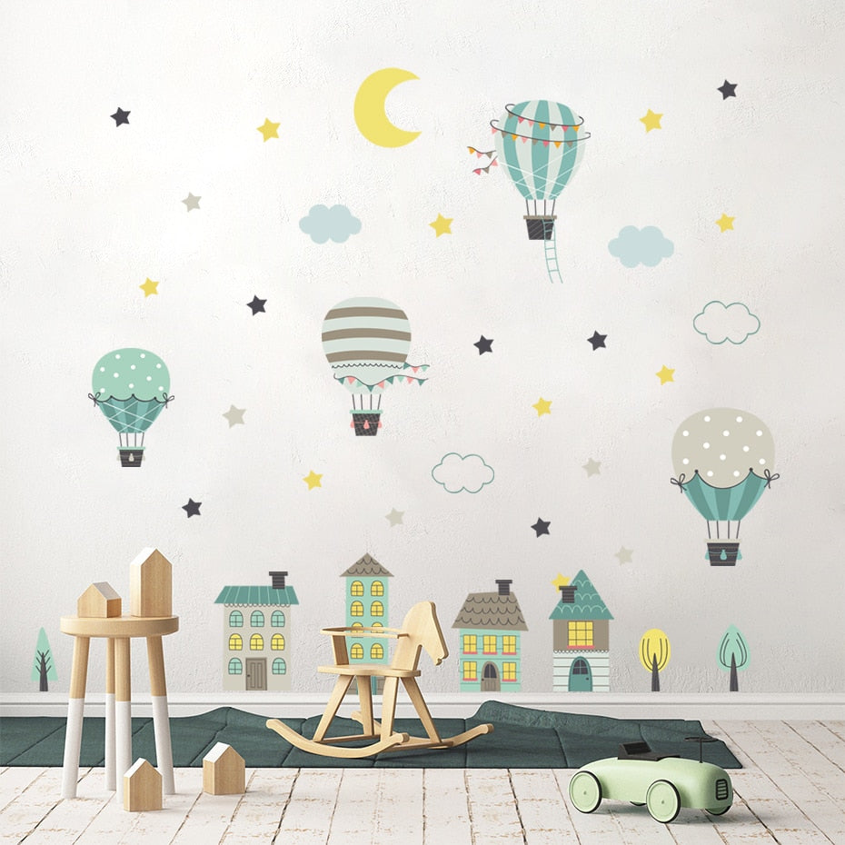 Cartoon Wall Decals Hot Air Balloon Town