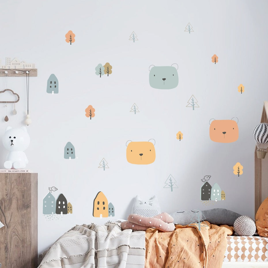 Cartoon Wall Decals House Trees Cute Bears