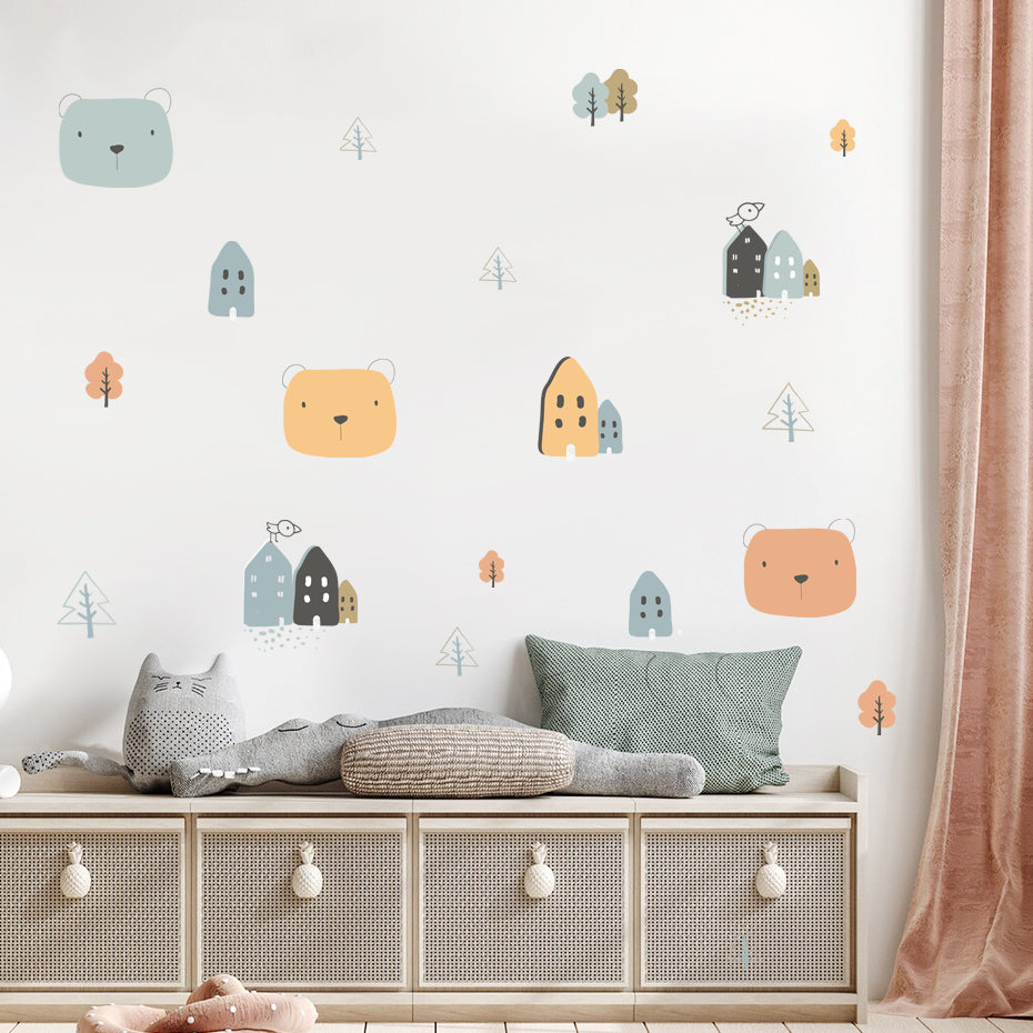 Cartoon Wall Decals House Trees Cute Bears
