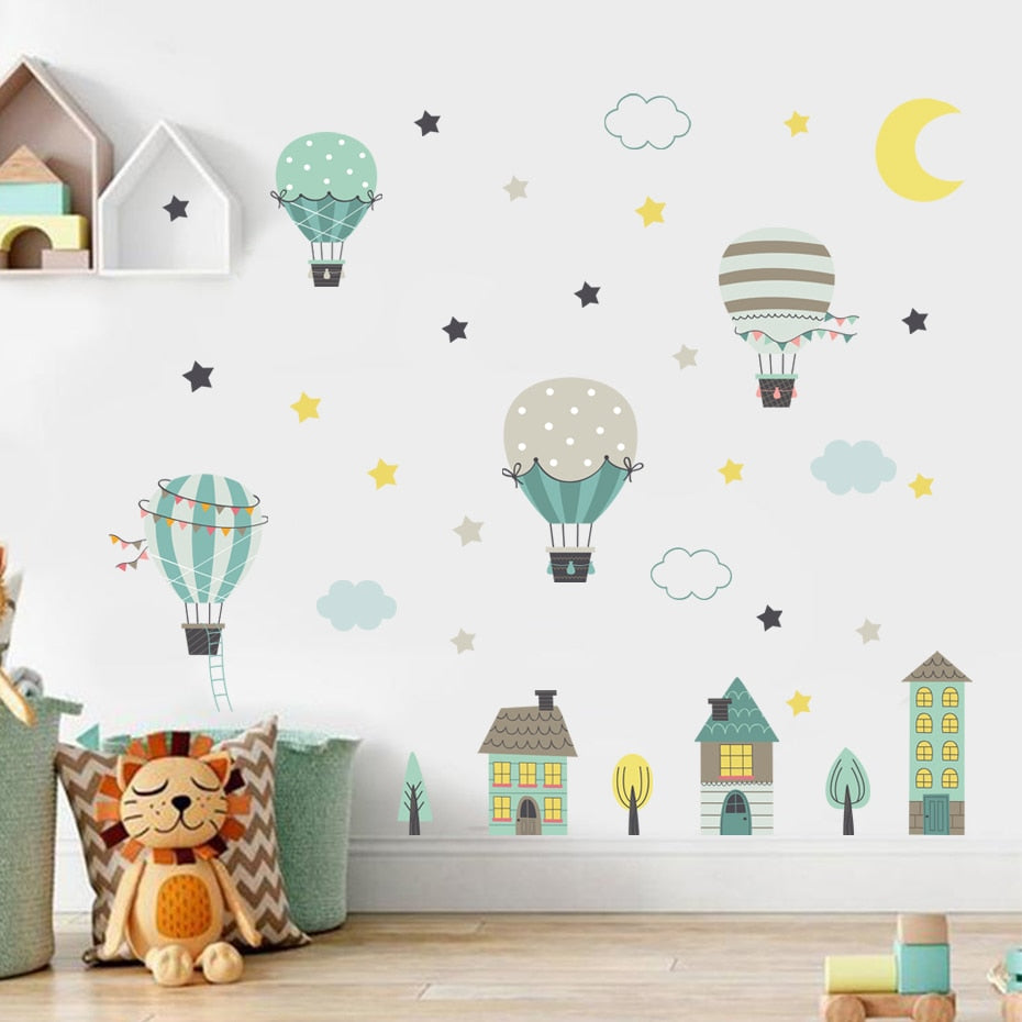 Cartoon Wall Decals Hot Air Balloon Town