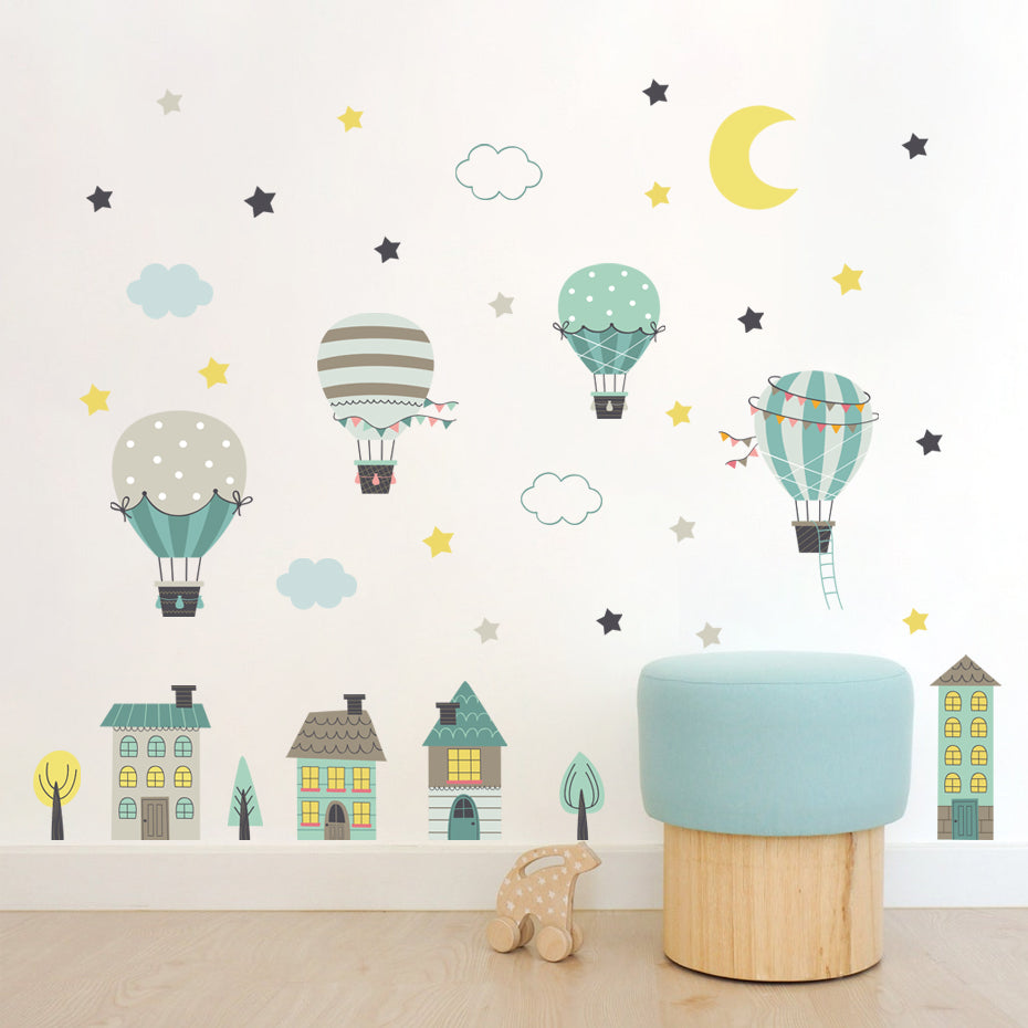 Cartoon Wall Decals Hot Air Balloon Town