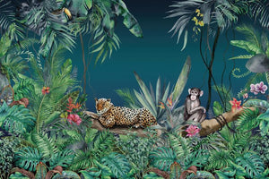 Leopard and Chimpanzee Night Jungle Nursery Wallpaper Mural