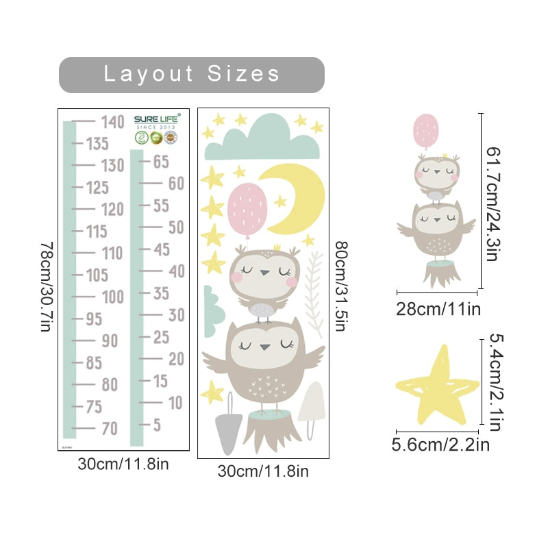 Height Chart Wall Decals Owl Moon Clouds