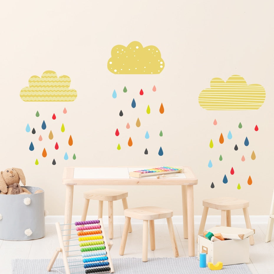 Cartoon Wall Decals Clouds Colorful Raindrops