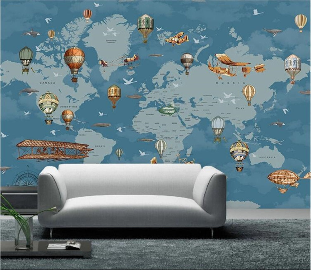 Cartoon World Map Planes and Balloons Wallpaper Mural