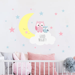 Cartoon Wall Decals Owl Moon Stars Clouds