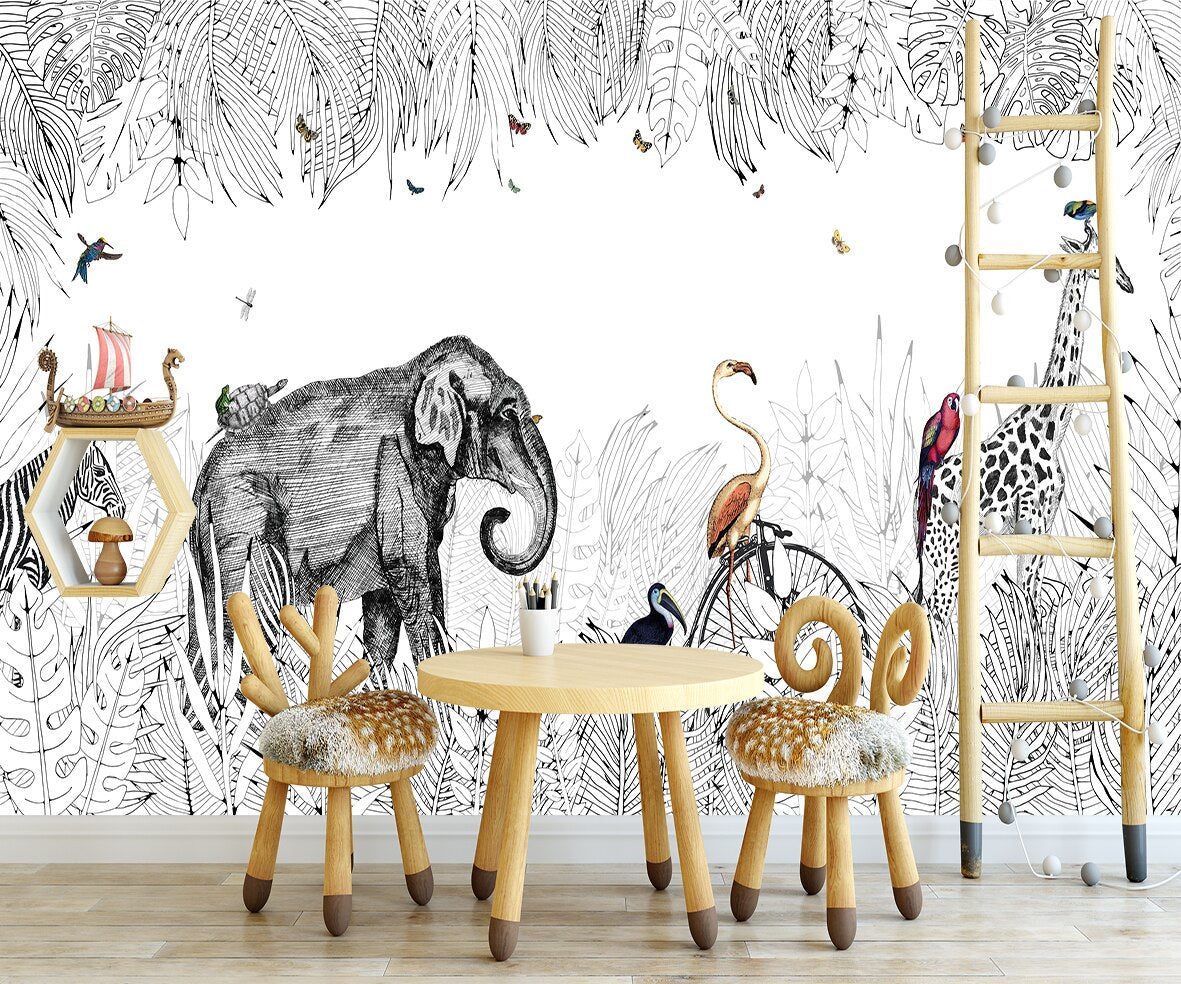 Animals Walk Black and White Nursery Wallpaper Mural