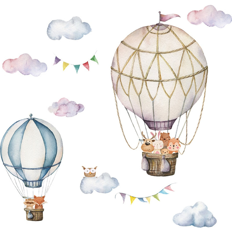 Cartoon Wall Decals Hot Air Balloon Woodland Animals