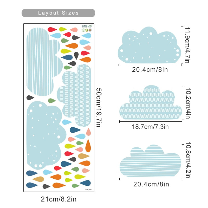 Cartoon Wall Decals Clouds Colorful Raindrops