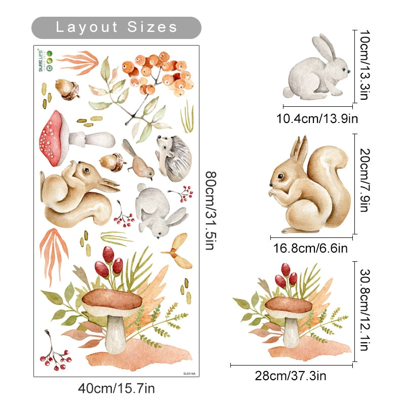 Cartoon Wall Decals Forest Animals Mushroom Acorn